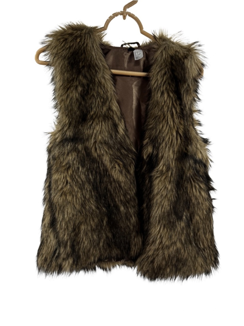 H&M Faux Fur Hooded Vest in Brown and Tan 8 open front 70s outdoor mobwife